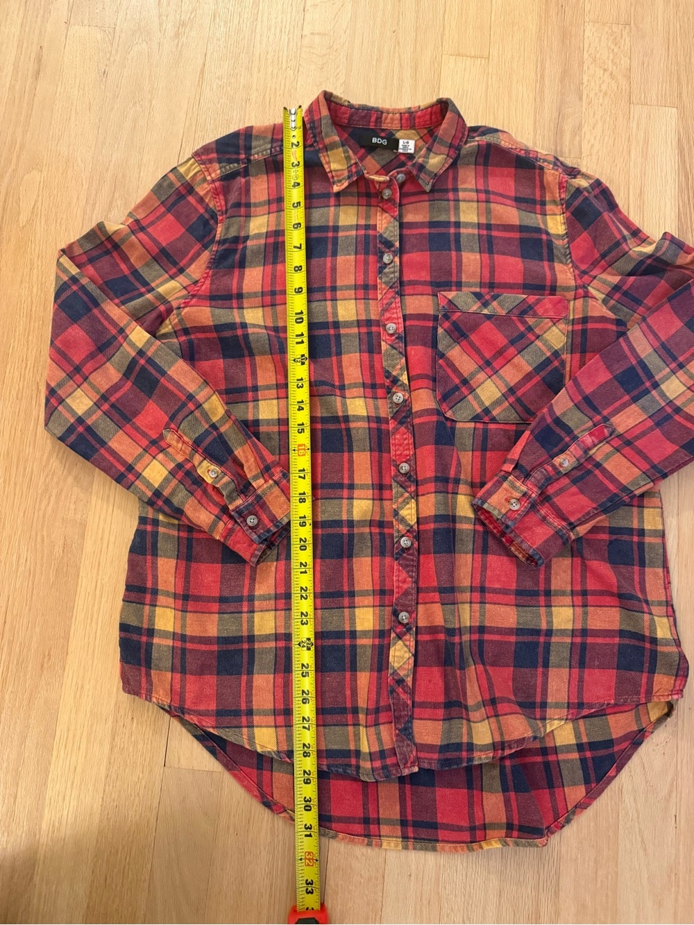 BDG Urban Outfitters Plaid Flannel Shirt L/G Red Blue Mustard Oversized - Picture 4 of 6
